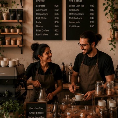 Coffee shop counter with baristas at work