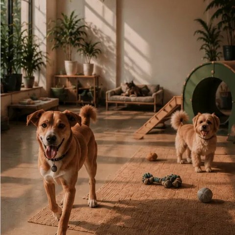 Dogs playing in the daycare space